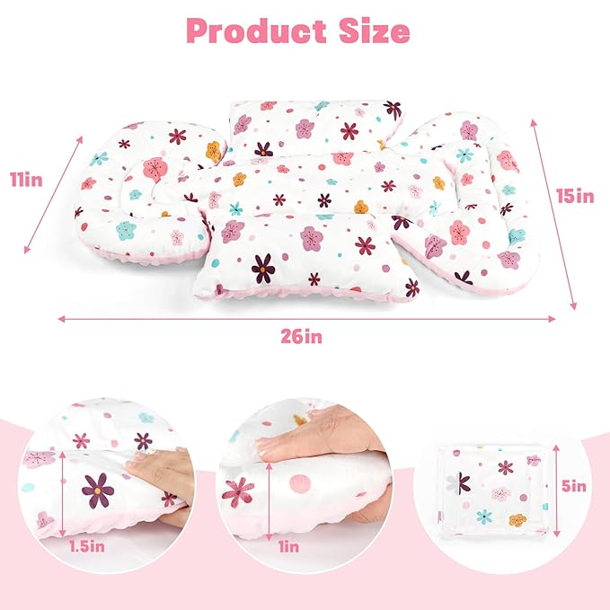 Infant Car Seat Insert with 3 Strap Covers, 3 in 1 Reversible Floral Baby Car Seat Head Support for Newborn, Baby Girl Newborn Essentials for Preemie to Infant, Stroller, Swing, Bouncer (Pink)-CubbioJoy