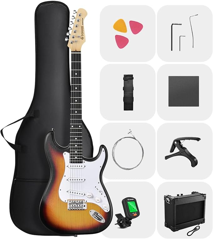 DONNER DST-80 Electric Guitar 39” Beginner Electric Guitar Kit with Amp, Classic SSS Pickup Complete with Gig Bag, Tuner, Capo, Strap, Picks, and Free Online Lessons-CubbioJoy