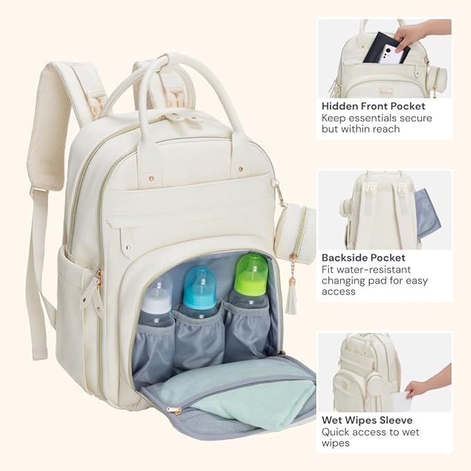 BabbleRoo Leather Diaper Bag Backpack - Baby Essentials Travel Baby Bag, Multi function, Waterproof, with Changing Pad, Stroller Straps & Pacifier Case – Unisex, Eggshell White-CubbioJoy