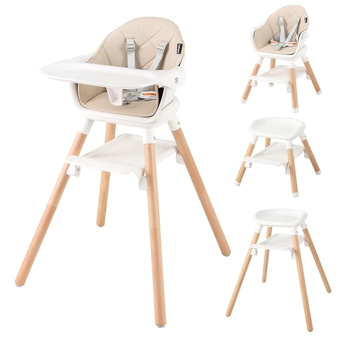 BABY JOY High Chair, 6 in 1 Convertible Wooden Highchair for Babies & Toddlers with Adjustable Legs, Double Removable Tray, Safety Harness & Waterproof PU Cushion (Beige)-CubbioJoy