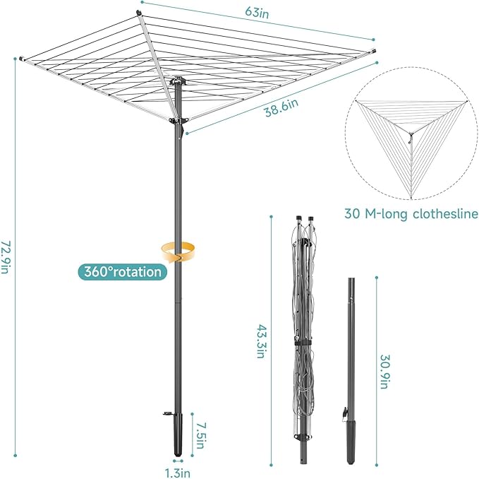 APEXCHASER Clothes Drying Rack, Outdoor Umbrella Drying Rack, Rotary Metal Drying Rack Clothing Foldable, 3-Arms Umbrella Clothesline with 98ft, Steel Frame, Backyard-CubbioJoy
