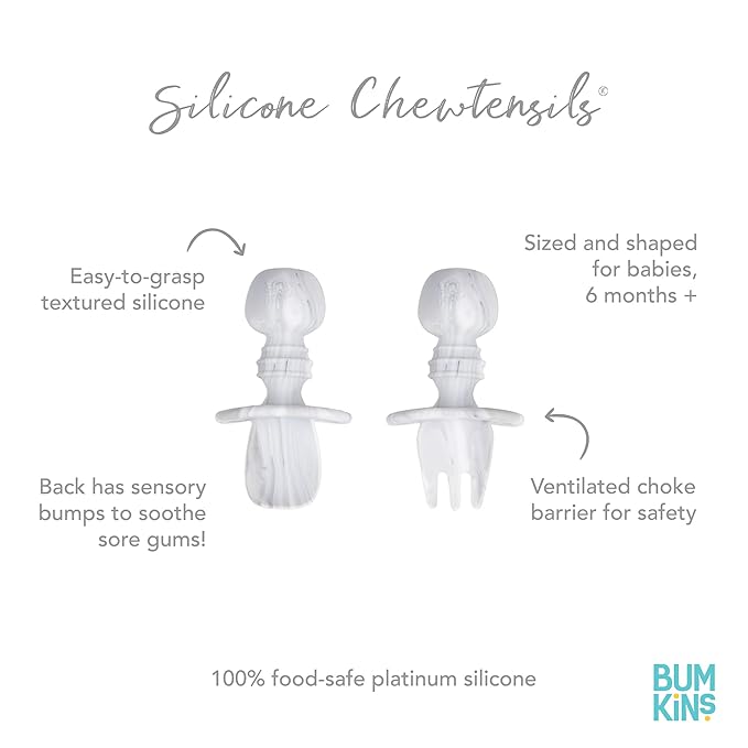 Bumkins Baby Utensils Set, Chewtensils Silicone Spoons for Dipping, Self-Feeding, Baby Led Weaning, Trainer Learning, First Stage Eating, Soft Practice Fork and Spoon, Babies 6 Months, Marble-CubbioJoy