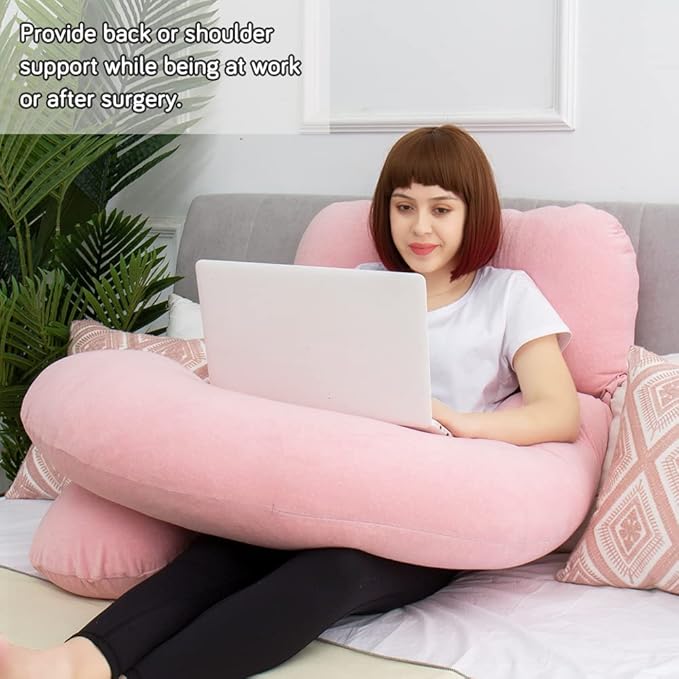 AS AWESLING 60in Full Body Pillow | Nursing, Maternity and Pregnancy Pillow | Extra Large U Shape Pillows with Detachable Side, Separate Support Pillow and Removable Cover Velvet (Light Pink)-CubbioJoy