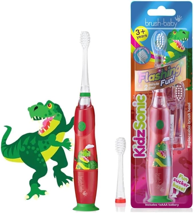 Brush‑Baby - KidzSonic Dinosaur Kids Electric Toothbrush for Ages 3+ with Disco LED Lights, Gentle Sonic Vibrations, 2-Minute Smart Timer & 30‑Second Pulse Reminders – AAA Battery Included-CubbioJoy