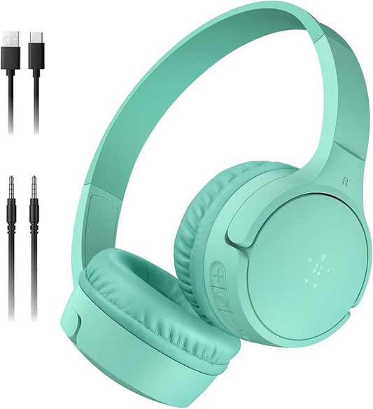 Belkin SoundForm Mini - Wireless Bluetooth Headphones for Kids with 30H Battery Life, 85dB Safe Volume Limit, Built-in Microphone - Kids On-Ear Earphones for iPhone, iPad, Fire Tablet & More - Mint-CubbioJoy