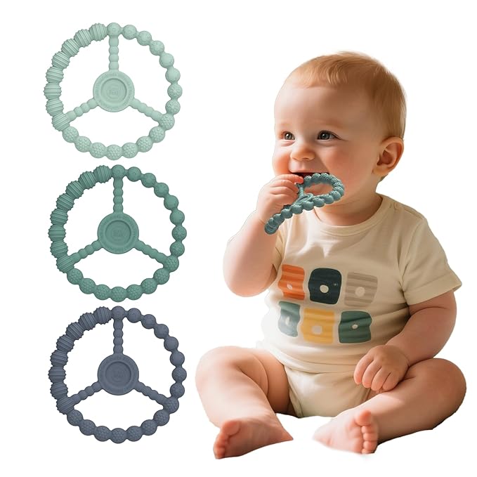 3 Pack Baby Teething Toys 3-6 Months, Silicone Ring Teethers for Babies 6-12 Months, Freezer Safe Chew Toy with Textured Grip for Boys Girls Teething Relief, Infant Easter Gift (Mint Green Blue)-CubbioJoy