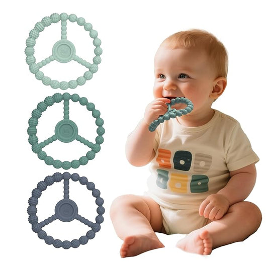 3 Pack Baby Teething Toys 3-6 Months, Silicone Ring Teethers for Babies 6-12 Months, Freezer Safe Chew Toy with Textured Grip for Boys Girls Teething Relief, Infant Easter Gift (Mint Green Blue)-CubbioJoy
