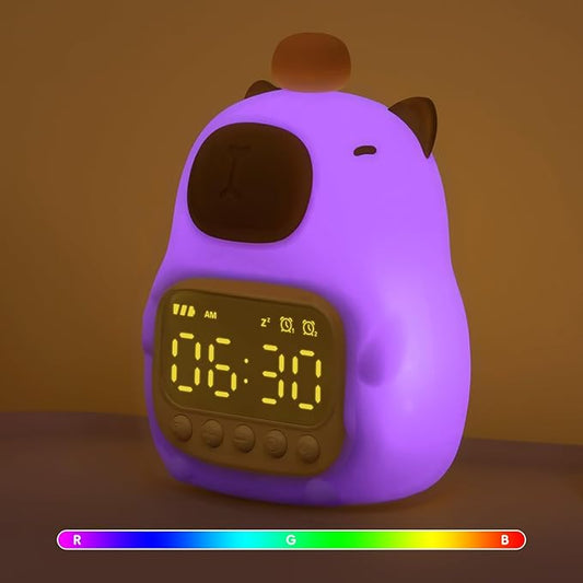 Capybara Alarm Clock with Night Light for Kids, Cute Toddler Alarm Clocks for Bedrooms Ok to Wake Clocks for Girls and Boys, Silicone Animal Tabletop Lamp for Kid, RGB Color-CubbioJoy