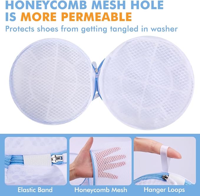 2 Pack Shoes Wash Bags,Shoe Washing Machine Bag,shoe laundry bag for washing machine，Honeycomb Mesh Laundry Bags with Zipper for Sneakers,Running Shoes,Sock,Bras,Delicates and Toys（14 in x 7.8 in）-CubbioJoy