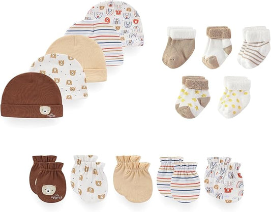 15 Pack Unisex New Born Boy Girls Hats Mittens Socks Sets Cotton Soft Infant Accessory 0-6 Months Baby Essentials-CubbioJoy