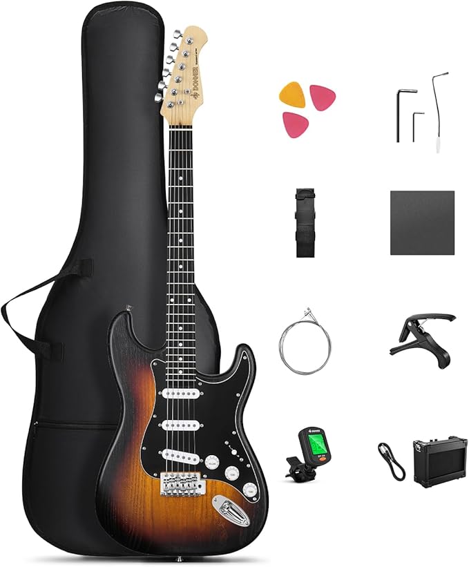 DONNER DST-80 Electric Guitar 39” Beginner Electric Guitar Kit with Amp, Classic SSS Pickup Complete with Gig Bag, Tuner, Capo, Strap, Picks, and Free Online Lessons, Red Tea Burst-CubbioJoy