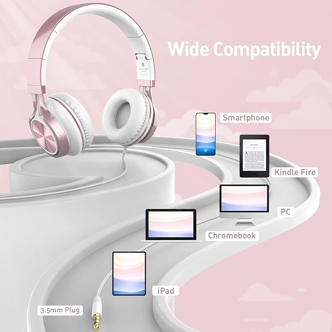 AILIHEN Kids Headphones, Headphones for School Girls Wired On-Ear Headsets with Microphone for Chromebook Laptop Computer, Foldable Adjustable Teen, Tangle-Free, 3.5mm Jack (Rose Gold)-CubbioJoy