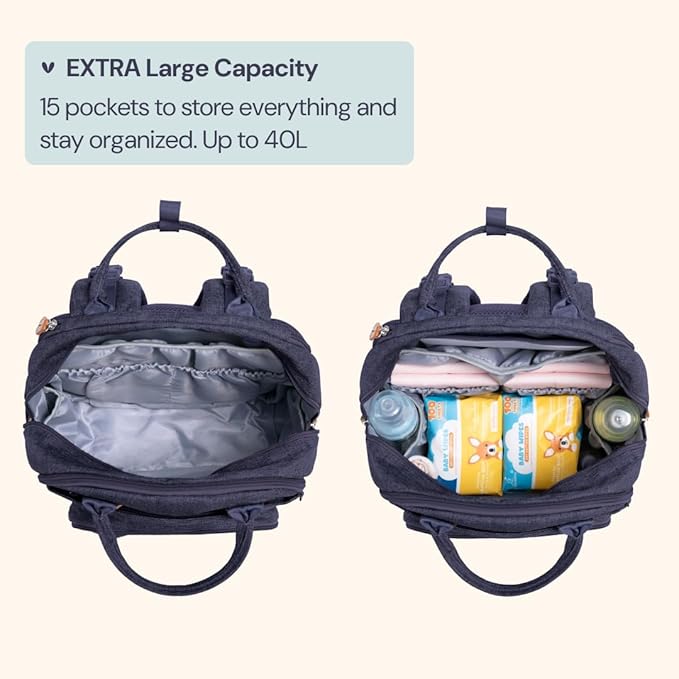 BabbleRoo Extra Large Diaper Bag Backpack, Expandable Baby Bag with Up to 50% More Capacity - Travel Essentials Baby Bag Tote with Changing Pad, Stroller Straps & Pacifier Case - Unisex, Denim Blue-CubbioJoy