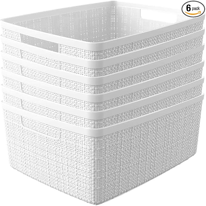 Curver Set of 6 Jute Medium Decorative Plastic Organization and Storage Baskets, Perfect Bins for Home Office, Closet Shelves, Kitchen Pantry and All Bedroom Essentials, White-CubbioJoy