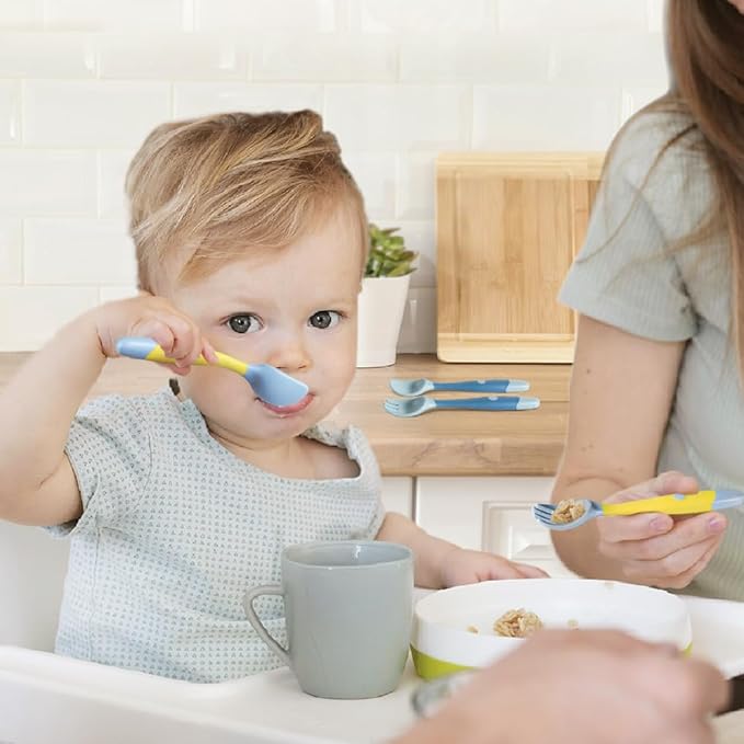 Baby Utensils Spoons and Forks Set Bendable Self-Feeding Silverware for Toddler Children with Travel Case Gum Friendly Food Grade (Yellow+Green, 2 Set)-CubbioJoy