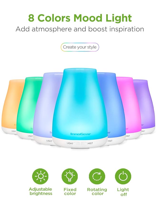 InnoGear Essential Oil Diffuser with Oils, 100ml Aromatherapy Diffuser with 6 Essential Oils Set, Aroma Cool Mist Humidifier Gift Set, White-CubbioJoy