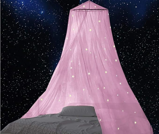 BCBYou Bed Canopy Mosquito Net with Fluorescent Stars Glow in Dark for Baby, Kids, and Adults, for Cover The Baby Crib, Kid Bed, Girls Bed Or Full Size Bed (Pink)-CubbioJoy