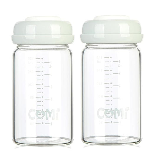 COMI Wide Neck Glass Breastmilk Collection n Storage Bottle, 6oz with Screw Ring Sealing Disk; Re-markable Sealing Disc. BPA Free, Fits Breast Pumps & Nipples (2 Pack Gray Lids)-CubbioJoy