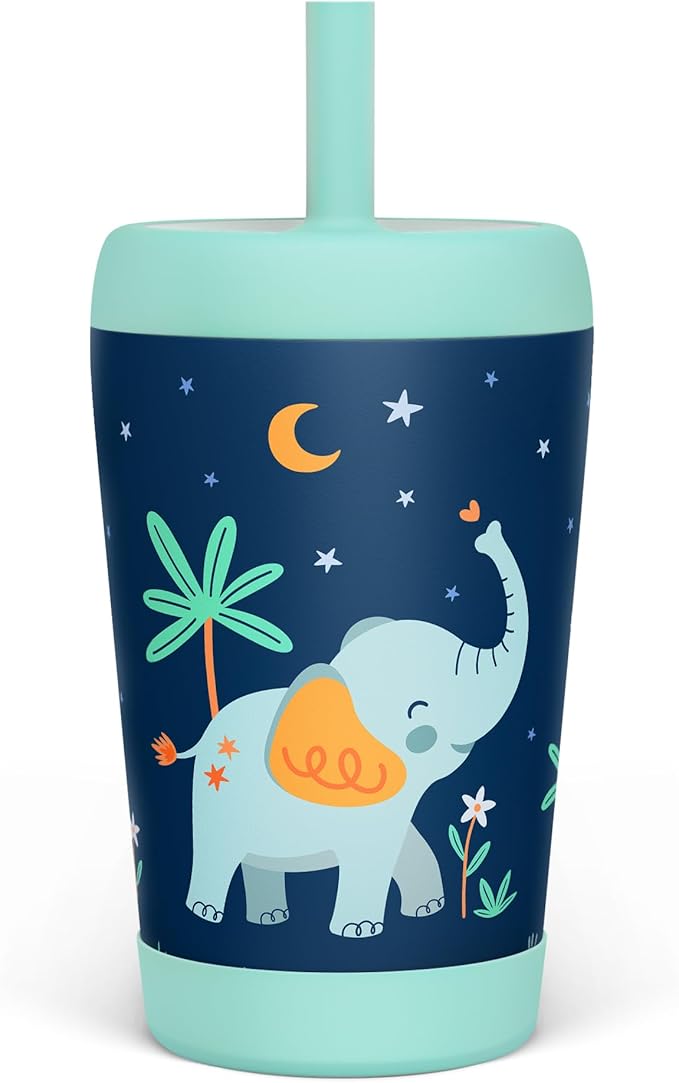 Kid Insulated Stainless Steel Tumbler with Silicone Straw, 12oz Sippy Cup for Kids (Dreamy Elephant)-CubbioJoy