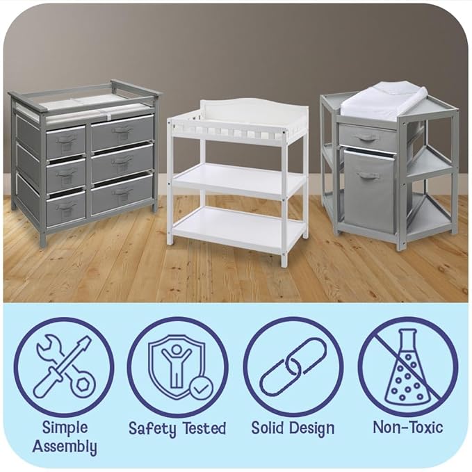 Badger Basket Baby Changing Table with Pad & Shelves - Wooden Changing Table with Storage - Nursery Change Table for Diapers & Baby Essentials, White-CubbioJoy