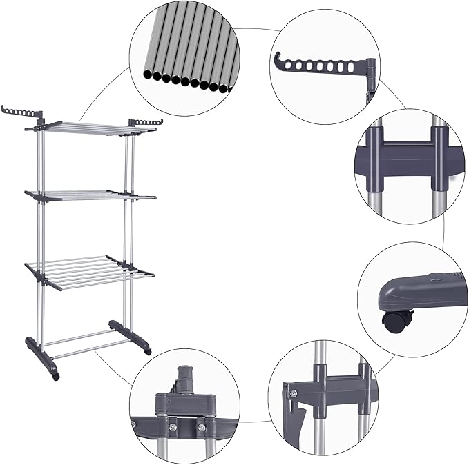 Bigzzia Clothes Drying Rack Folding Drying Rack Clothing 4 Tier Clothes Horses Rack Stainless Steel Laundry Drying Rack with Two Side Wings Grey-CubbioJoy