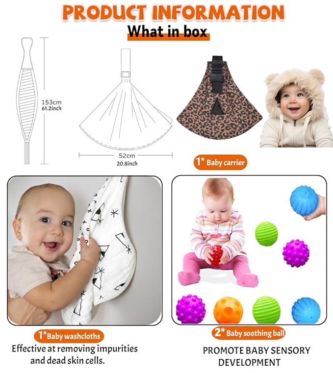 Baby Sling Carrier Adjustable Baby Sling 2025 Upgraded Toddler Sling Comfortable Baby Wrap Carriers Ergonomic-Designed, Travel Friendly Carrying 10-45 LbsLeopard-CubbioJoy