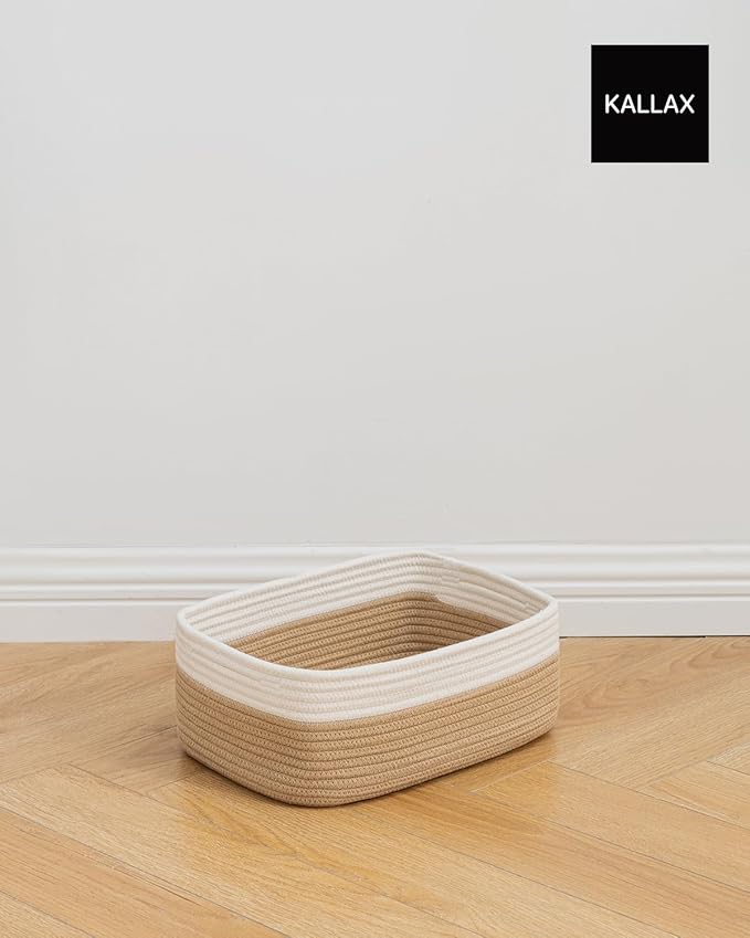 KALLAX Small Woven Basket, 13.5 x 9.5 x 5 Inches, Storage Basket for Organizing, Cute Small Rope Shelf Closet Cube Storage Bins Baskets for Shelves, Dog Toy Gift Baskets Empty, 3 Pack White & Brown-CubbioJoy