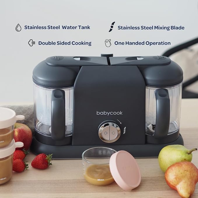 BEABA Babycook Duo 4 in 1 Baby Food Maker, Puree Steamer and Blender for Purees, Grinder with Auto Steam Cooking, Lrg 9.1 Cup Capacity, Makes 54 Servings in 20 Mins, Charcoal-CubbioJoy