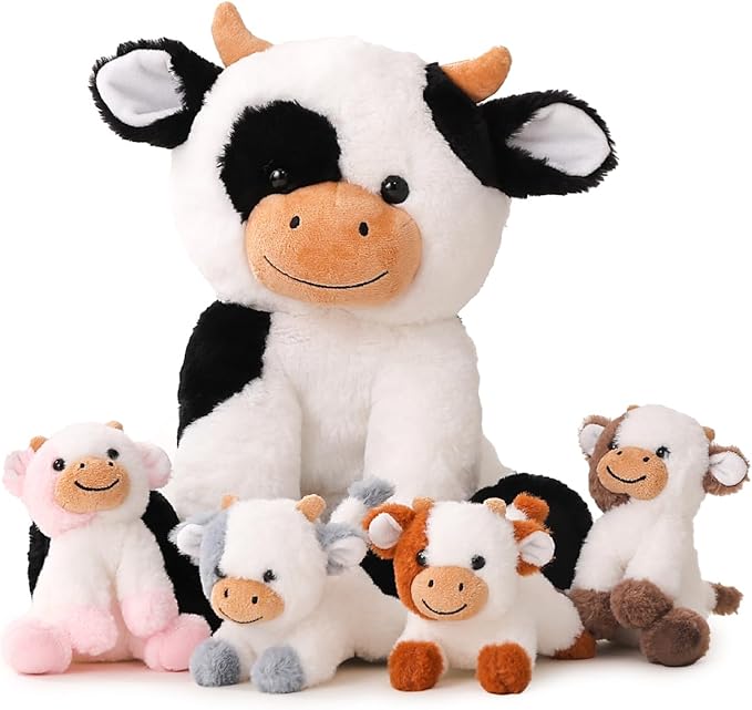 5 Pieces Cow Stuffed Animals for Boys Girls, 1 Mommy Cow with 4 Babies Soft Plush Toy Set Gifts for Kids Children 3 4 5 6 7 8 9 Years, Christmas, Birthday, Party Decorations-CubbioJoy