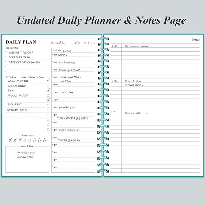 Daily Planner Undated - B5 To Do List Notebook Hourly Schedules, Spiral Appointment Planner for Women and Men, PVC Hardcover, Inner Pocket, Elastic Closure, 7" x 10", Teal-CubbioJoy