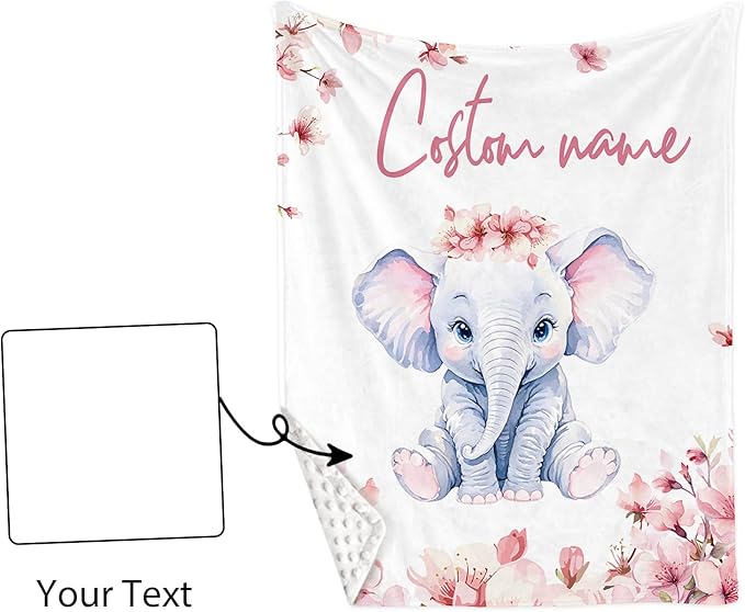 Custom Name Crib Bedding Set - Elephant Theme, Personalized Pink Flower Pattern Nursery Bedding 3-Piece Set– Soft Blanket, Fitted Sheet, Changing Pad Cover – for Newborns Girls Nursery Gifts-CubbioJoy