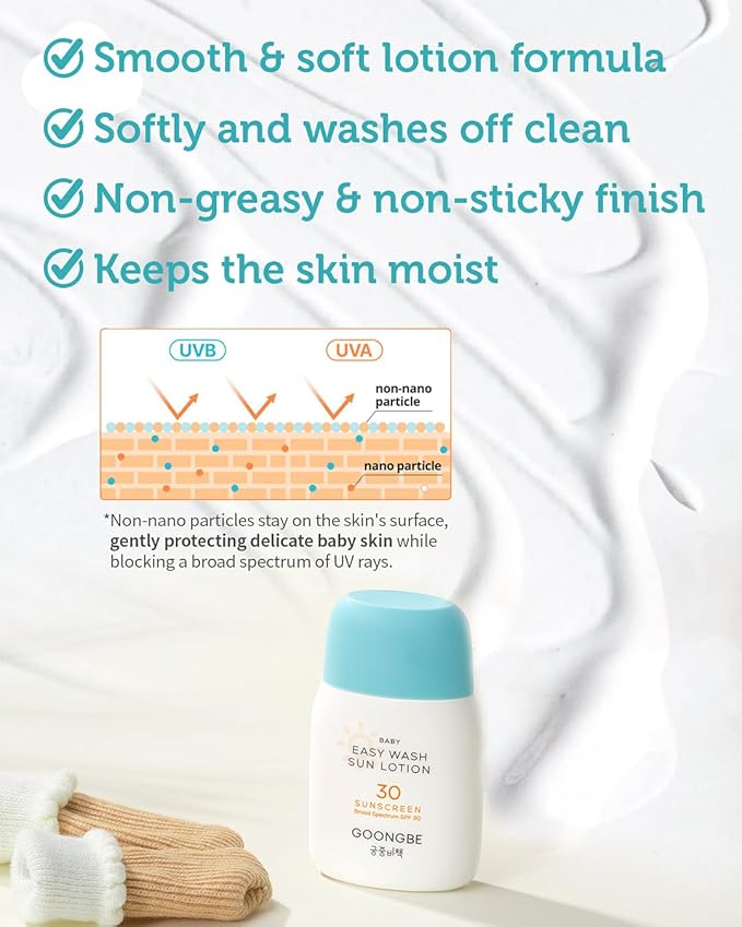 Baby Easy Wash Sun Lotion SPF 30 & Soothing Water Gel Cream - Korean Zinc Oxide Mineral Sunscreen & Cooling Moisturizer - Vegan Hypoallergenic for Ages 0-3, Lotion 2.11oz & Gel Cream 3.38oz-CubbioJoy