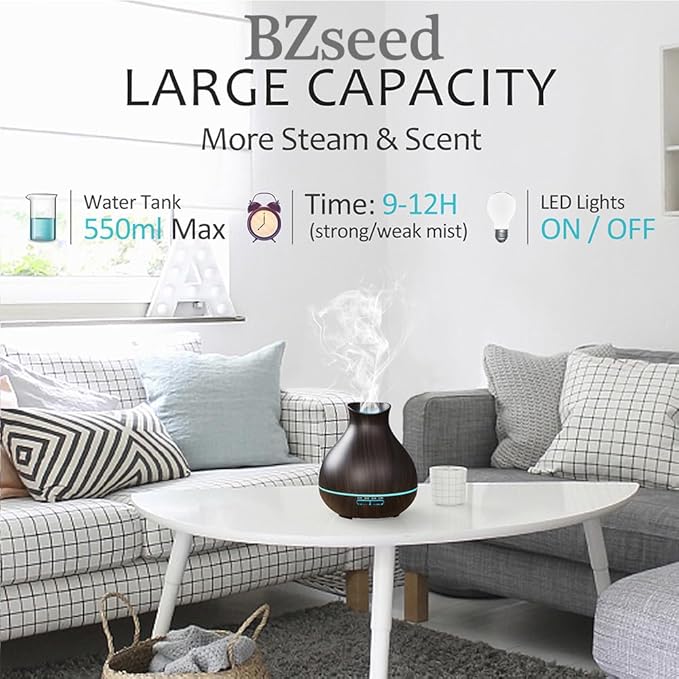 BZseed Aromatherapy Essential Oil Diffuser, 550ml Ultrasonic Fragrant Oil Large Room Humidifier, Diffusers for Home with Timer and Waterless Auto-Off, 7 Color LED Lights,Cool Mist Humidifiers-CubbioJoy