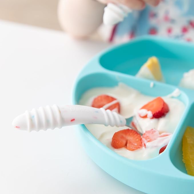 Bumkins Toddler Utensils, Kids Size Fork and Spoon Set, Silicone and Stainless-Steel Training Silverware, Angled Forks/Sporks Feeding, Children Hold Learning to Eat, 18 Mos Up, Vanilla Sprinkles-CubbioJoy