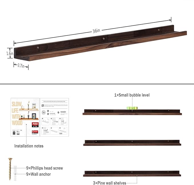 AZSKY 36 Inch Wall Mounted Floating Shelves for Home Decoration,Picture Display Wall Ledge Shelf for Bedrooms,Office,Living Room, Kitchen, Deep Walnut Wood Wall Shelf,3 Same Sizes-CubbioJoy