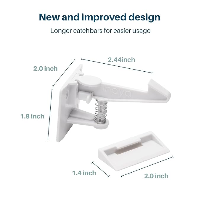 Inaya Cabinet Locks Child Safety Latches - Baby Proofing Cabinets & Drawers Locks - Child Proof Your Home - No Drilling & No Tools Required! (12 Pack - Extended Length Version)-CubbioJoy