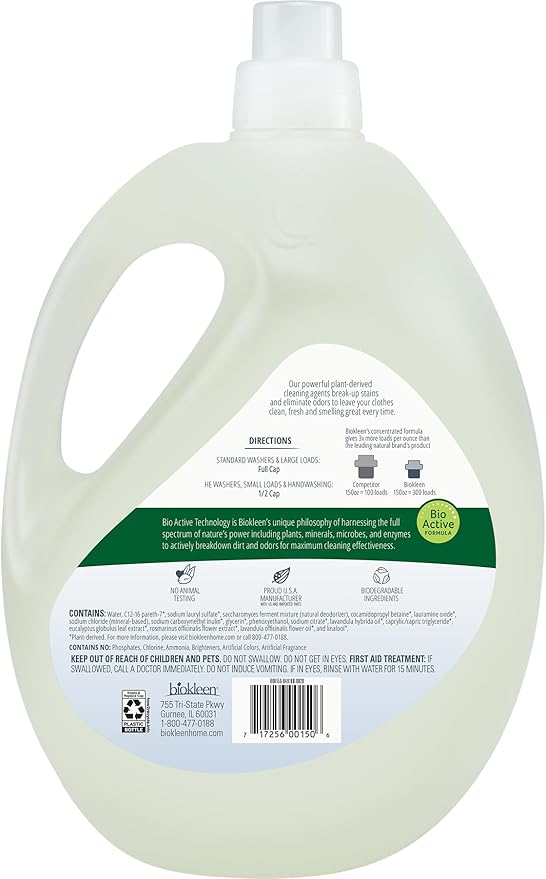 Biokleen Natural Sport 3X Concentrated Laundry Detergent, 300 Loads, Bio Active Formula, Fight Odors, Sweat & Stain Remover, Lavender Eucalyptus Scent-CubbioJoy