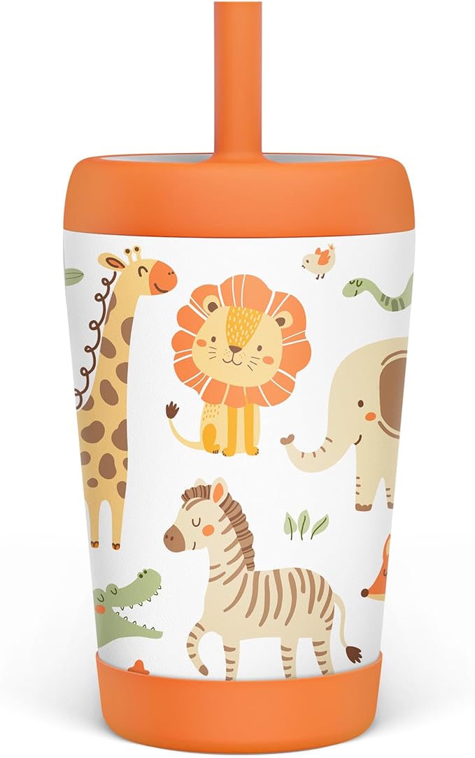 Kid Insulated Stainless Steel Tumbler with Silicone Straw, 12oz Sippy Cup for Kids (Jungle Animals)-CubbioJoy