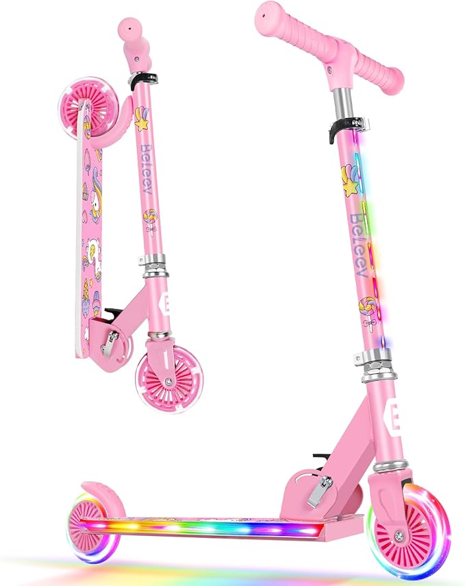 BELEEV V2 Scooters for Kids with Light-Up Wheels & Stem & Deck, 2 Wheel Folding Scooter for Girls Boys, 3 Adjustable Height, Non-Slip Pattern Deck, Lightweight Kick Scooter for Children Ages 3-12-CubbioJoy