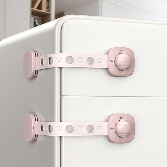 2 Pack Cabinet Locks/Refrigerator Locks Baby Proofing - Child Proof Locks for Drawer, Refrigerator, Fridge, Toilet Seat-No Screws or Tools Required (2 Pack-Pink Locks)-CubbioJoy