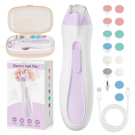 Baby Nail Trimmer Electric, 15 in 1 Baby Nail Clippers for Gentle Nail Care, Rechargeable Baby Nail File Electric with Light &15 Grinding Pads for Infant Toddler, Purple-CubbioJoy