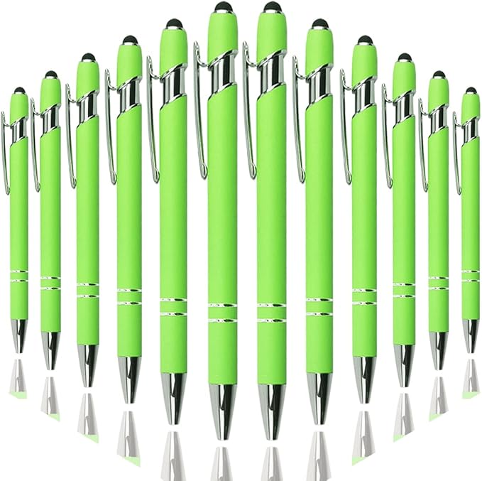 Ballpoint Pen with Stylus Tip, Soft Touch Click Metal Pen, 1.0mm Medium Point, Black Ink, 12 Count(Light Green)-CubbioJoy