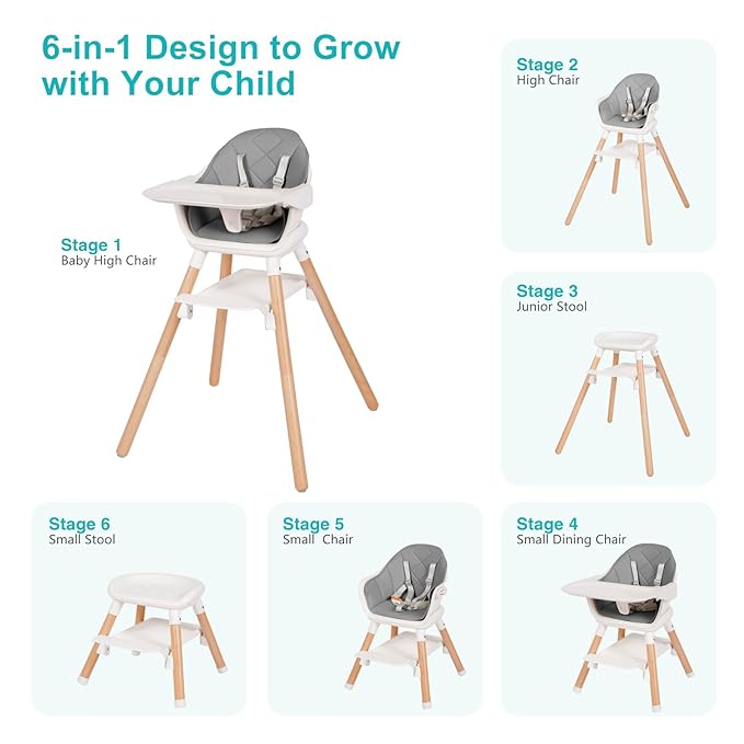 Baby High Chair, 6 in 1 Wooden Convertible High Chairs for Babies and Toddlers, Booster Seat with Double Tray & Reversible Footrest Baby Highchair, 5-Point Harness Baby Feeding Chair, Grey-CubbioJoy