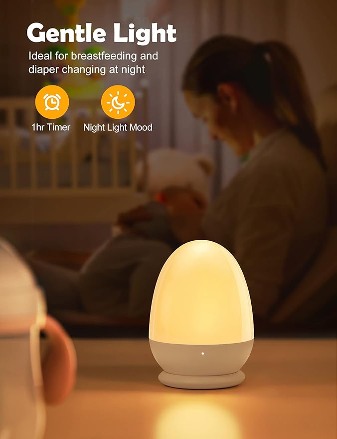JolyWell Baby Night Light for Kid, Portable Egg Nightlight with Stable Charging Pad, Touch Nursery Night Lamp for Breastfeeding, Toddler Night Light for Bedroom, Timer Setting, ABS+PC, White-2-CubbioJoy