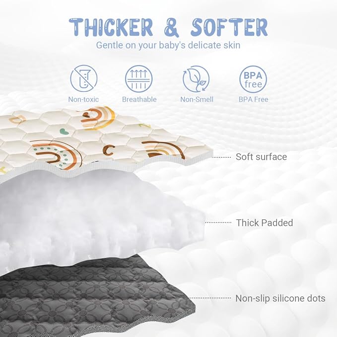 Boho Rainbow Baby Play Mat 50" X 50" Playpen Mat Thicken One-Piece Baby Crawling Mat Non-Slip Cushioned Baby Floor Mat with Lettters, Activity Playmats for Infants, Babies, Toddlers (50X50,Beige)-CubbioJoy