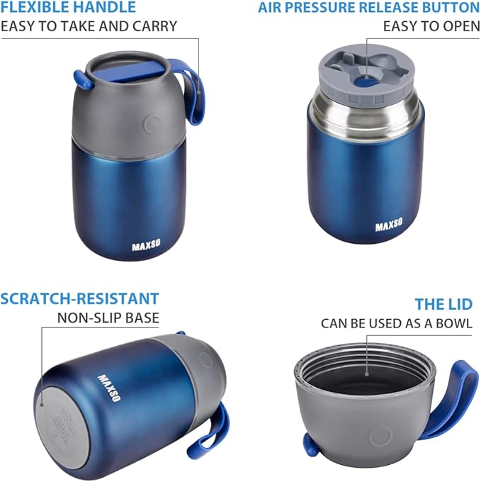 Insulated Thermo Food Jar for Hot & Cold Food for Kids Adult, 17 oz Soup Thermal Hot Food Containers for Lunch, Triple Layer Insulation Stainless Steel Food Jar with Spoon(Blue)-CubbioJoy