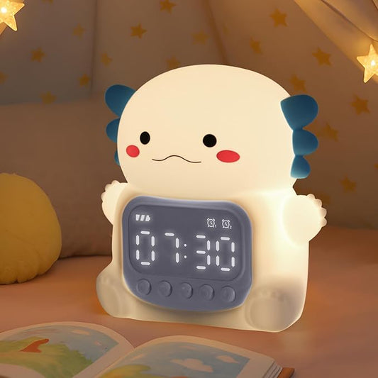Axolotl Alarm Clock with Night Light for Kids, Rechargeable Silicone Lamp Time to Wake Clock Cute Animal Tabletop Lamp, Perfect Sleep Companion for Boys Girls, White-CubbioJoy