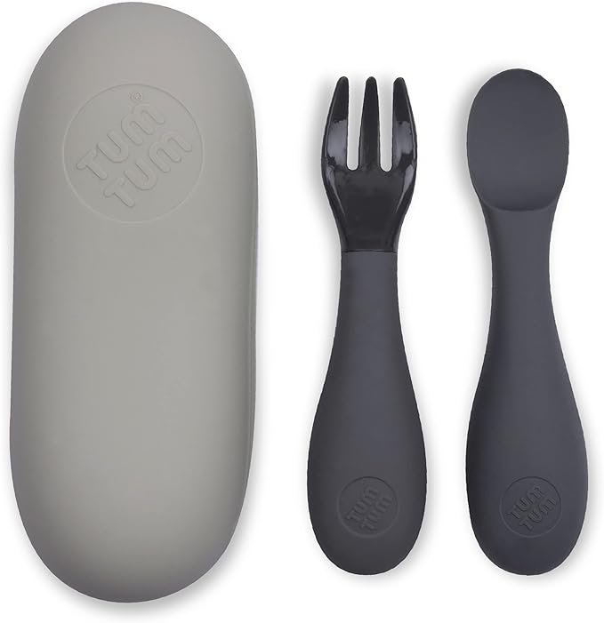 Baby Cutlery Set With Case, Spoon & Fork for Self Feeding, Silicone, 6 Months Plus (Grey)-CubbioJoy
