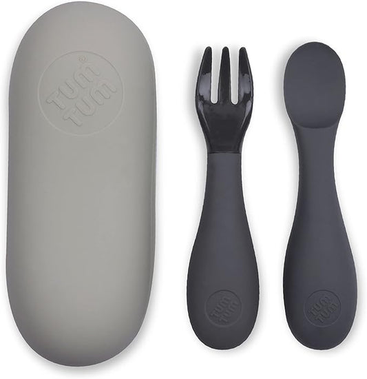 Baby Cutlery Set With Case, Spoon & Fork for Self Feeding, Silicone, 6 Months Plus (Grey)-CubbioJoy