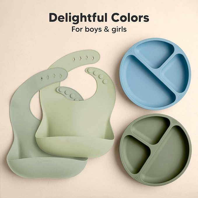 KeaBabies 2-Pack Silicone Baby Bibs for Eating - Sturdy Food-Grade Silicone Bibs for Babies Girl, Boy, Large Food Catcher, Clean & Put On Easily, Waterproof Toddler Feeding Essentials (Sage)-CubbioJoy